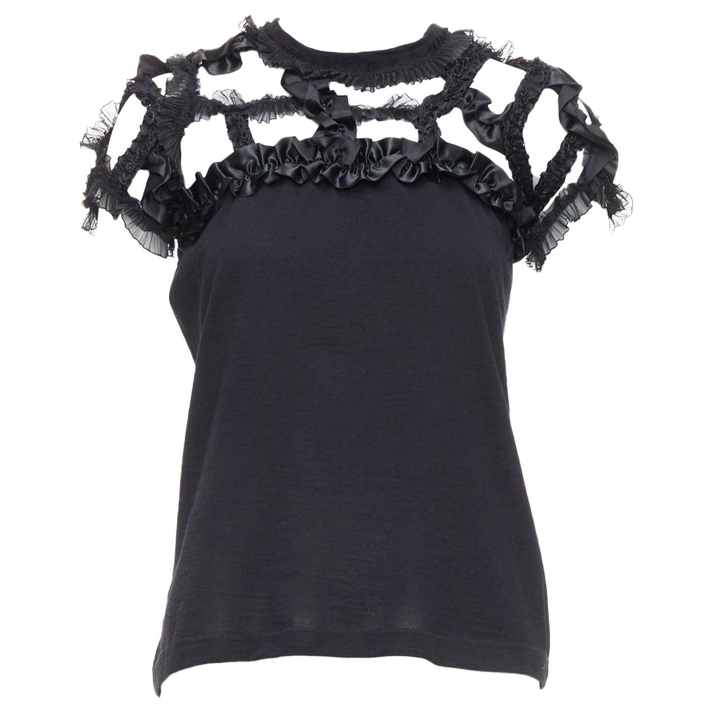 COMME DES GARCONS 2008 black wool ruffle cut out crew top S For Sale