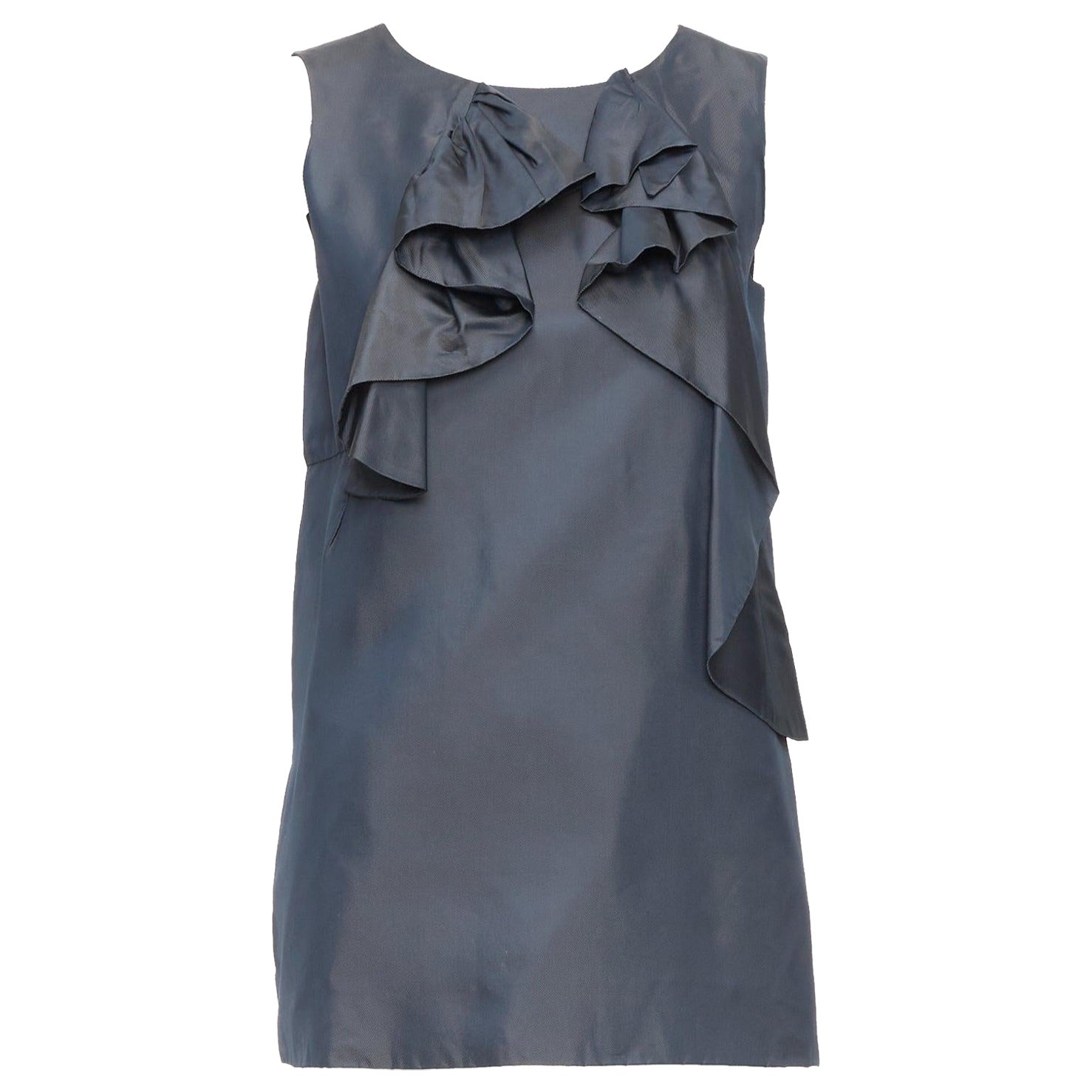 MARNI grey cupro twill ruffle crew neck tunic mini dress IT40 S For Sale