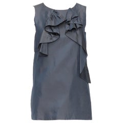 MARNI grey cupro twill ruffle crew neck tunic mini dress IT40 S