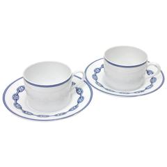 Hermes Discontinued White Porcelain 4-Piece Dinnerware Tea Cup Saucer Set in Bo 3