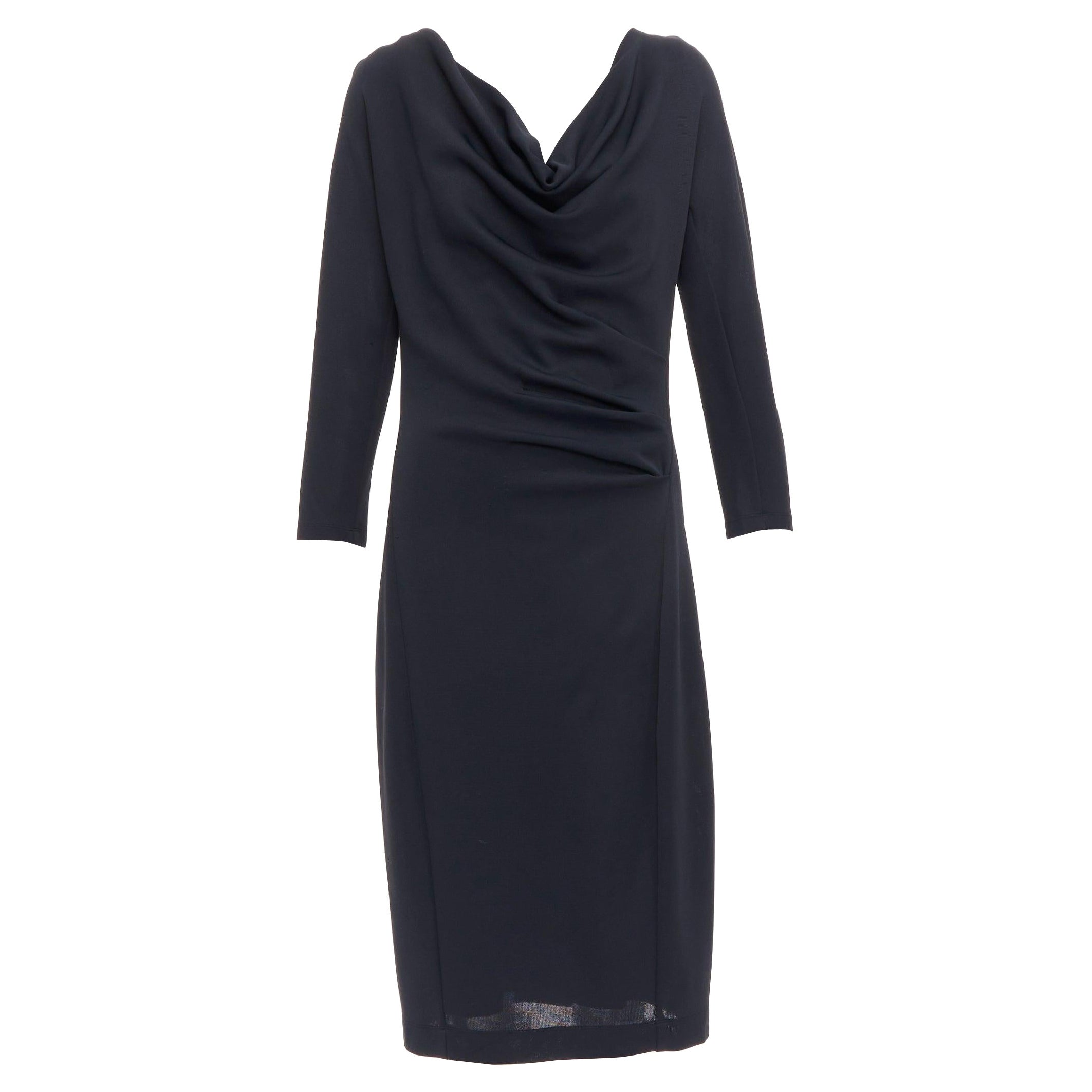 DONNA KARAN vestido midi negro drapeado de manga larga y cuello alto L en venta
