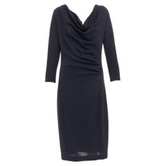 DONNA KARAN black draped cowl neck long sleeve midi dress L
