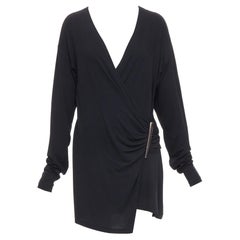 DONNA KARAN Vintage black viscose blend V neck silver buckle drape mini dress L