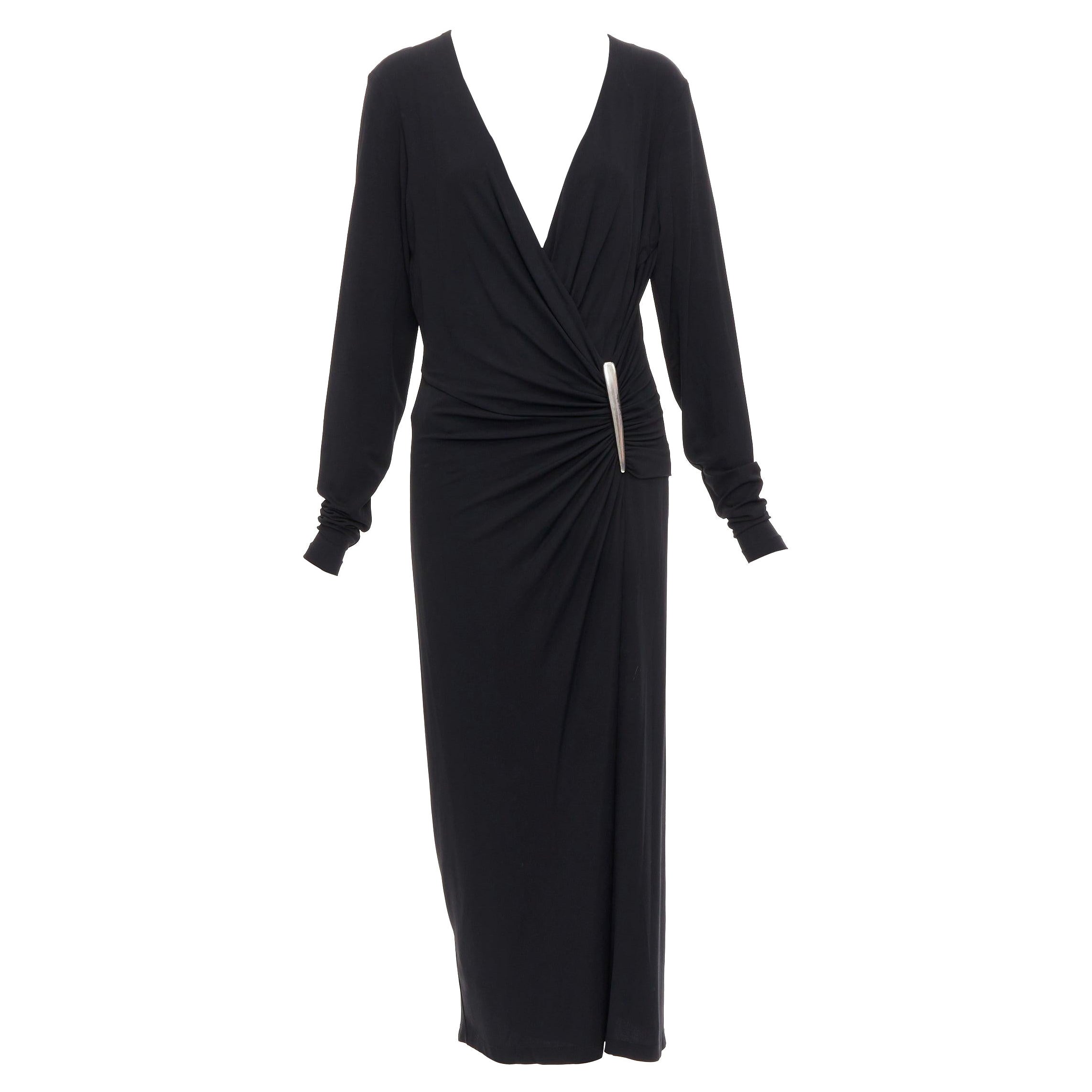 DONNA KARAN Robe midi vintage à décolleté plongeant et boucle argentée en viscose noire L