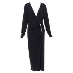 DONNA KARAN Robe midi vintage à décolleté plongeant et boucle argentée en viscose noire L