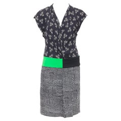 DIANE VON FURSTENBERG green black multi print silk blend wrap dress US2 S
