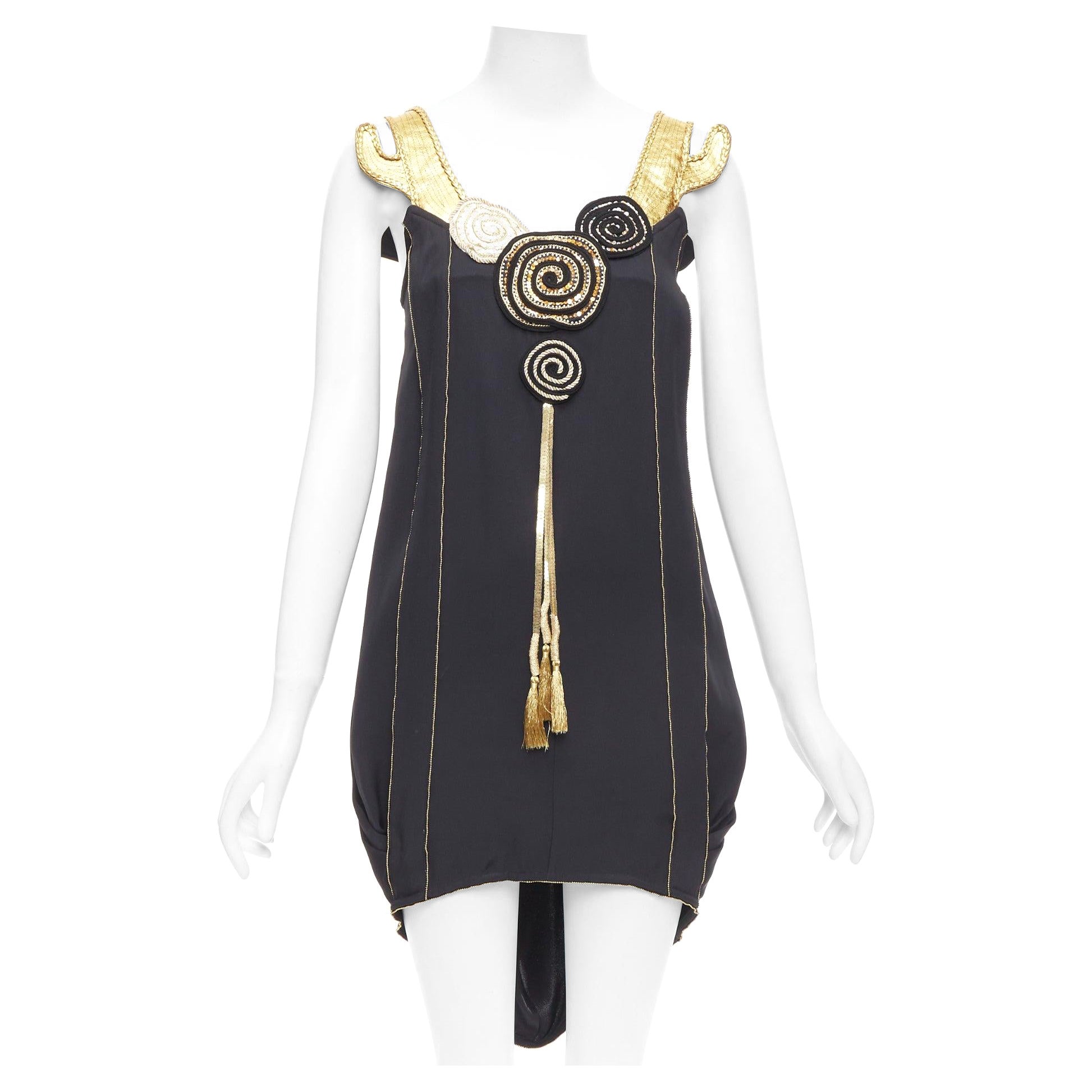 TSUMORI CHISATO gold leather black 100% silk cactus strap dress JP2 M For Sale