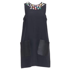 FENDI black studded rhinestone neckline leather patch pocket dress IT42 M