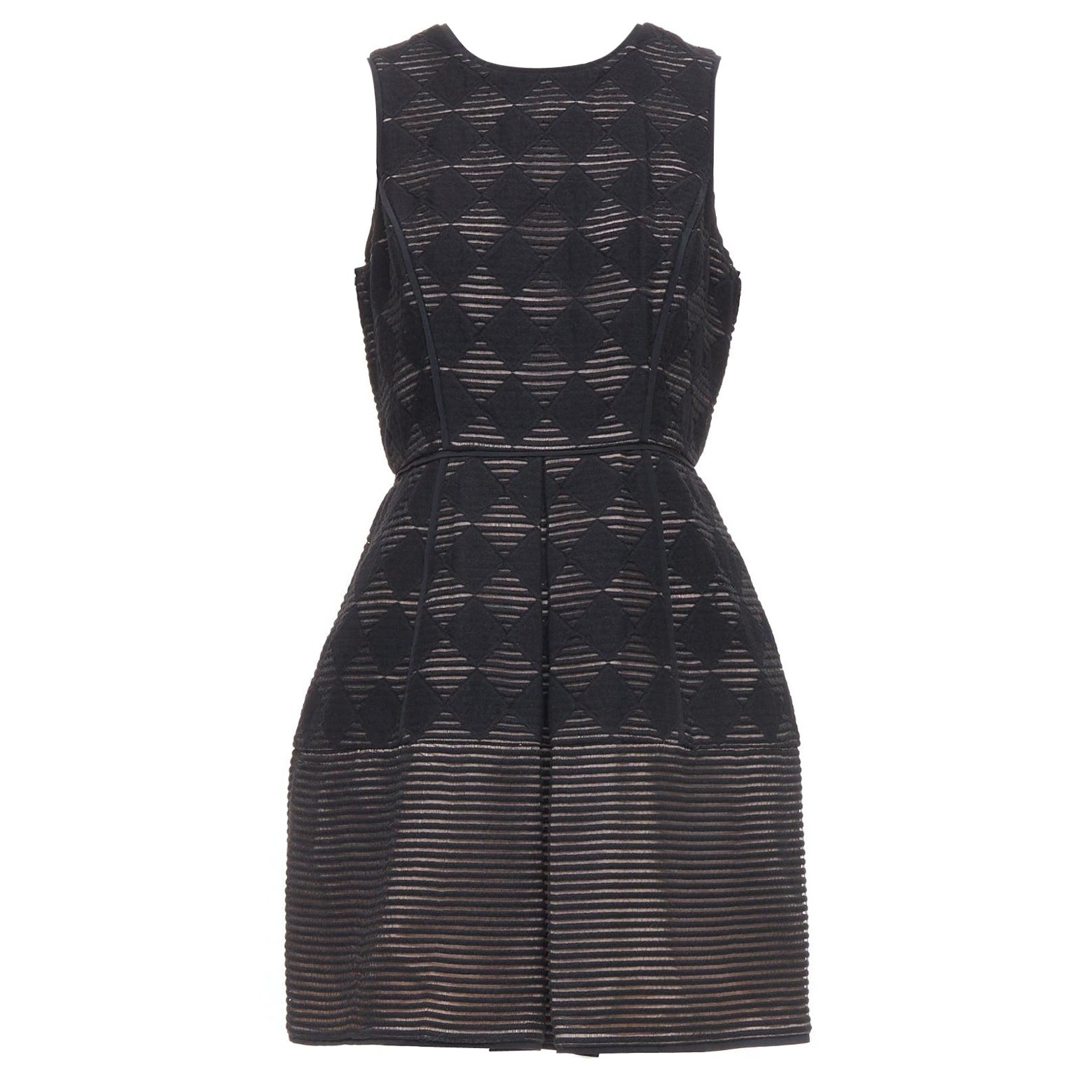 TIBI Schwarzes diamant kariertes, besticktes, ausgestelltes, ausgestelltes Kleid mit Streifen US4 S im Angebot
