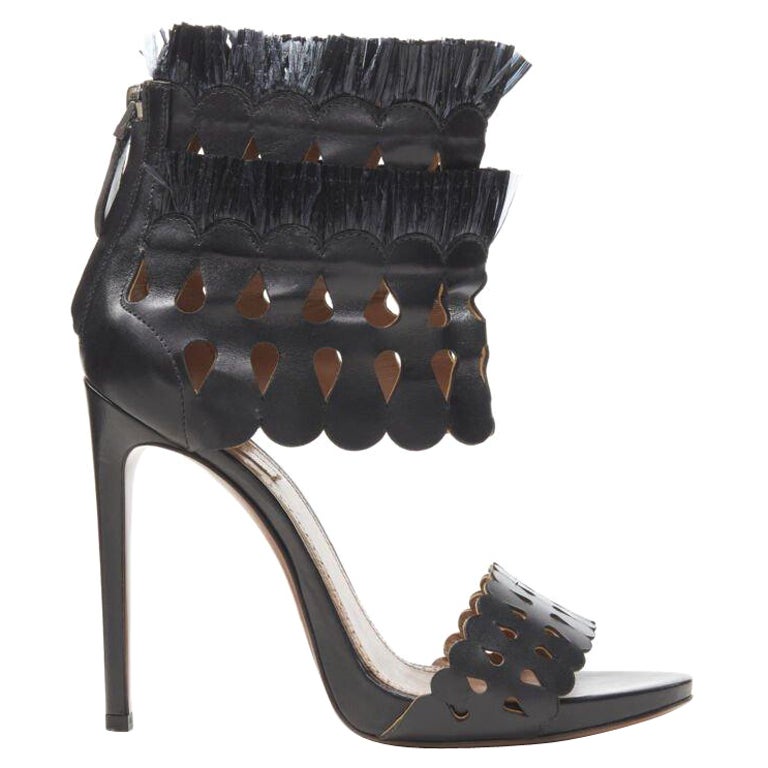 ALAIA black squiggle cut out raffia fringe platform high heel sandals EU38 For Sale