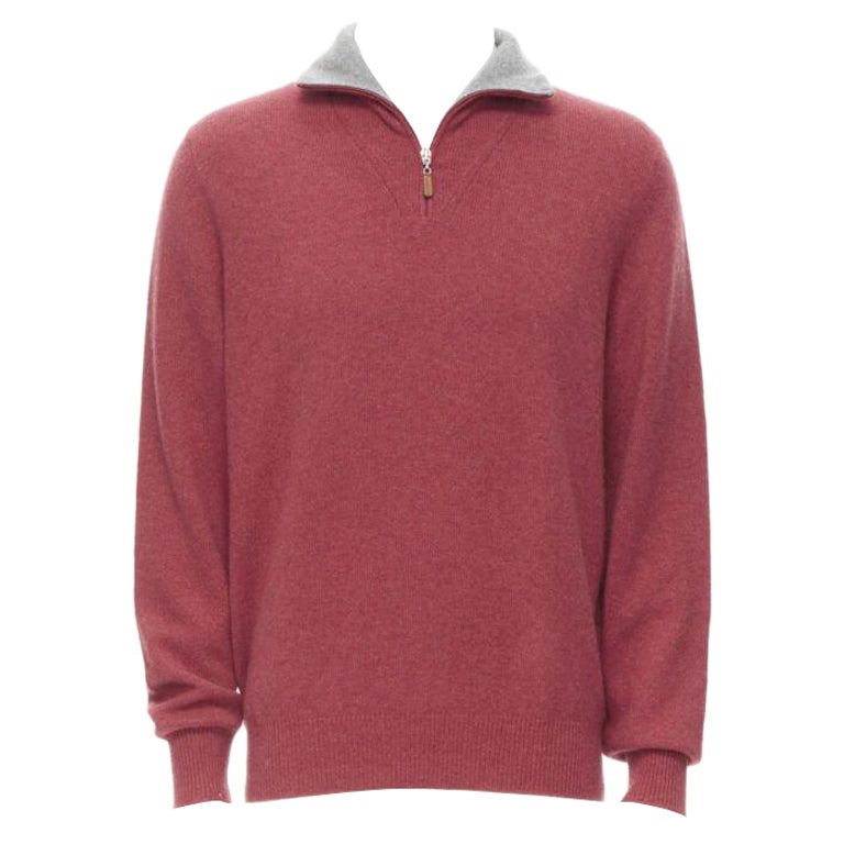 BRUNELLO CUCINELLI 100% cashmere grey collar half zip pullover sweater EU52 XL