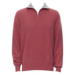 BRUNELLO CUCINELLI Pullover mit 100 % grauem Kaschmirkragen und halber Reißverschluss EU52 XL