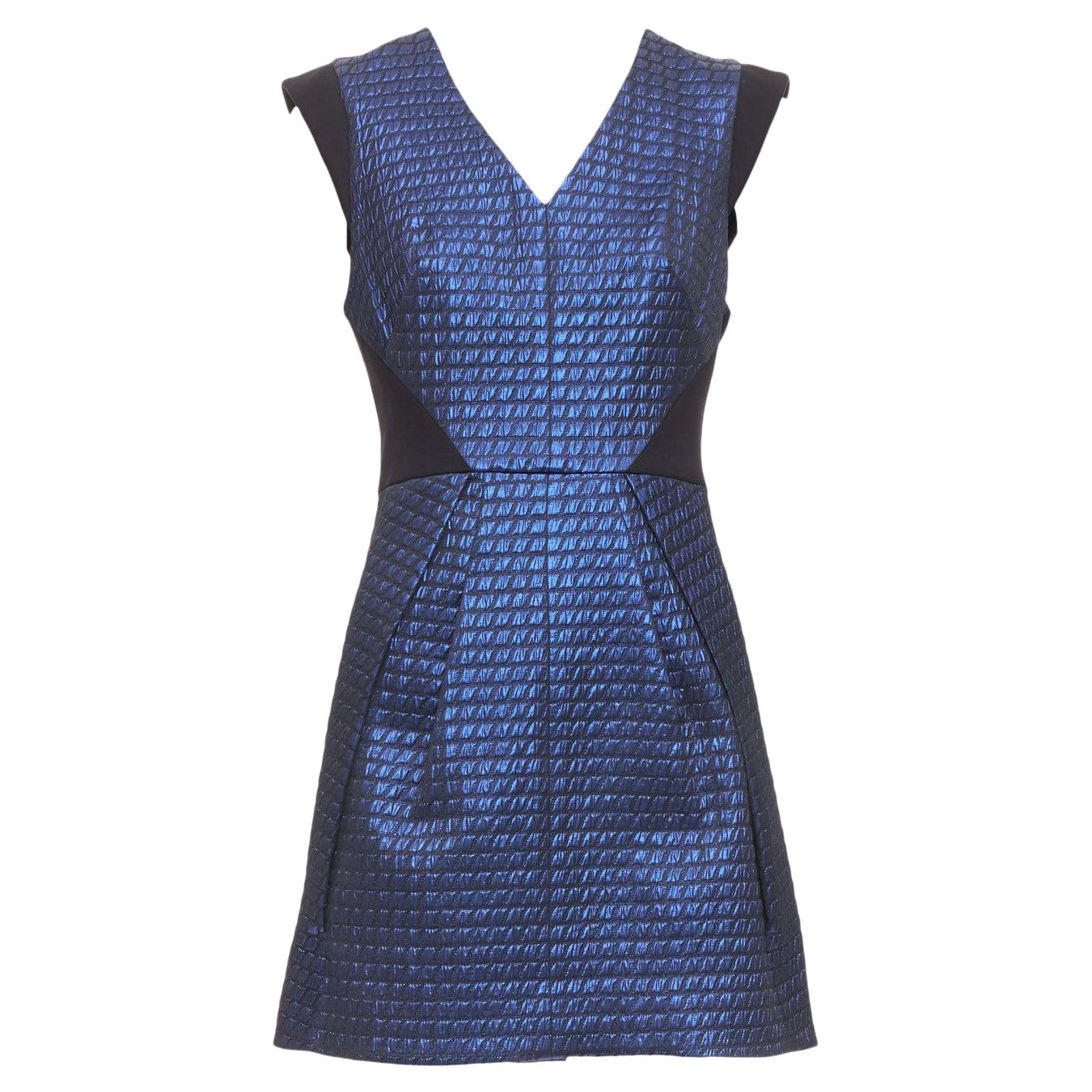 TIBI blue black quilted lurex jacquard V-neck mini dress US6 M For Sale