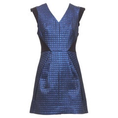 Tibi blu nero trapuntato in lurex jacquard con scollo a V mini abito US6 M