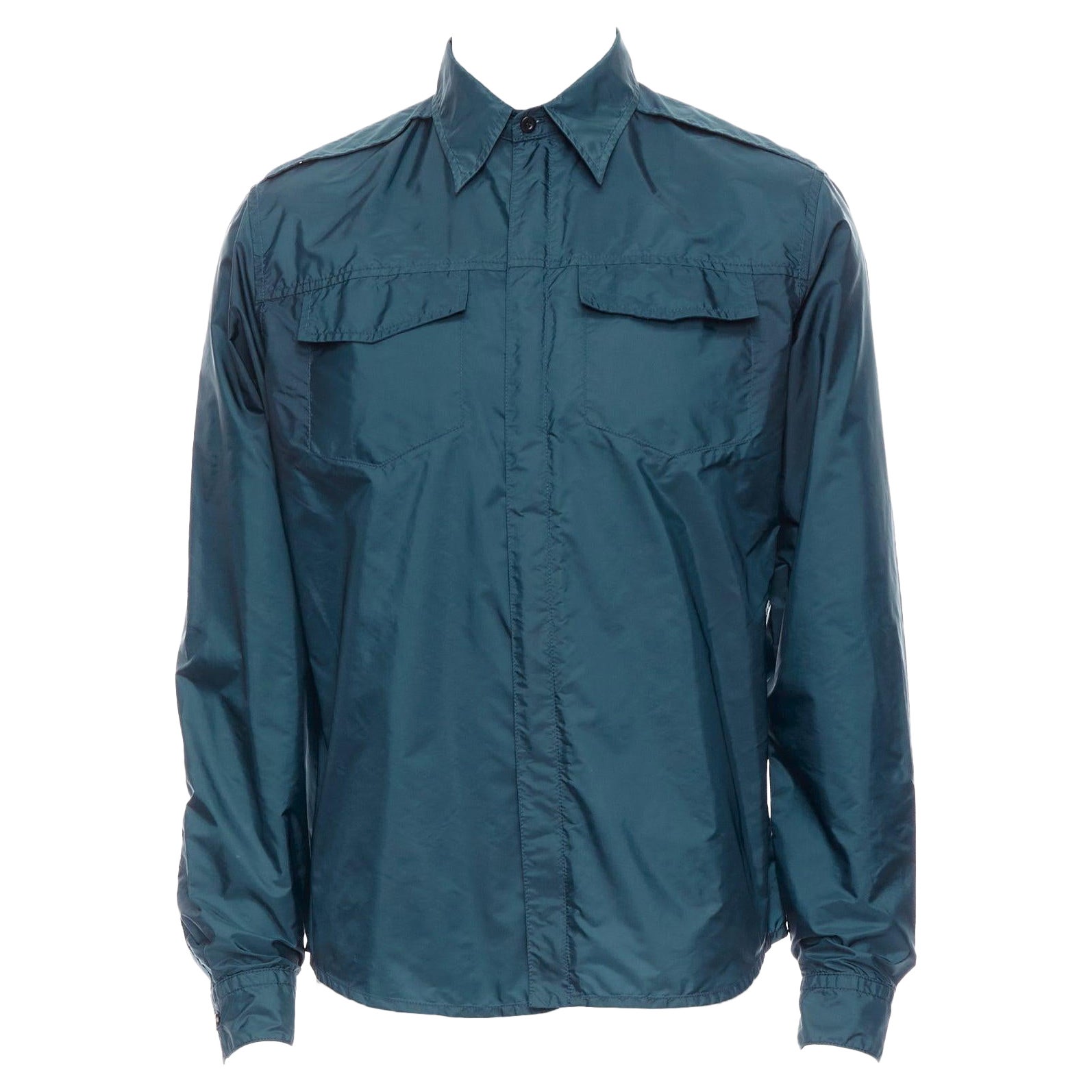 PRADA 2018 dark teal blue nylon concealed silver zip over shirt S For Sale