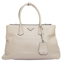 PRADA Twin beige saffiano leather trangle logo top handle tote bag