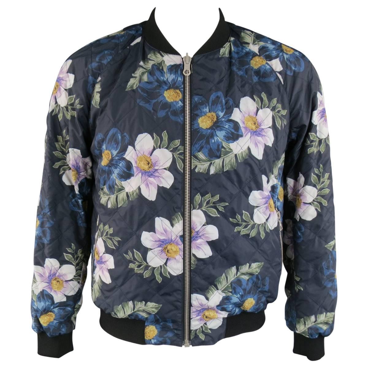 Men's DRIES VAN NOTEN 42 Navy Quilted Floral Print Reversible Bomber Jacket