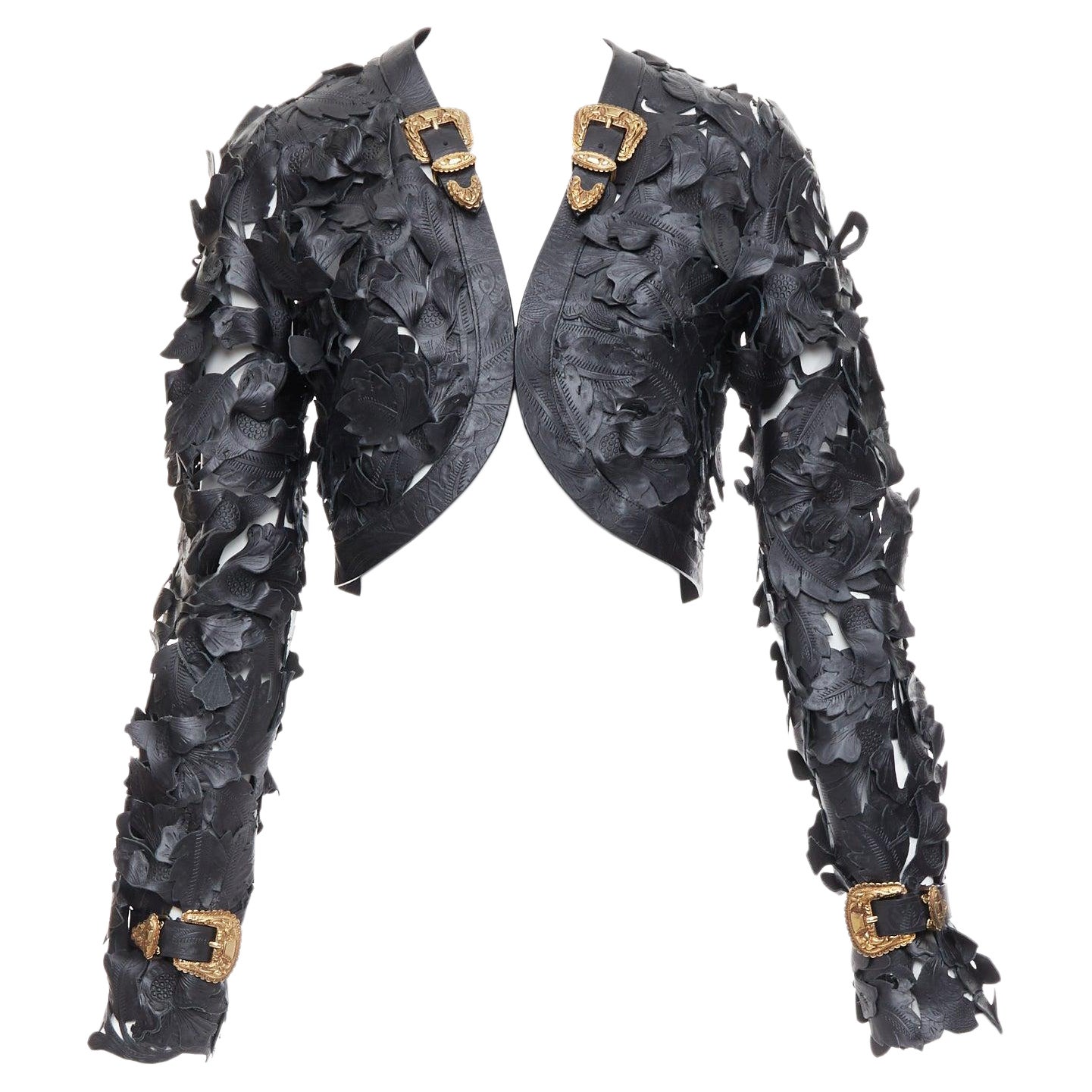 rare ALEXANDER MCQUEEN 2011 Runway floral laser cut cropped leather jacket IT40 For Sale