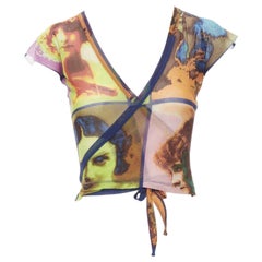 JEAN PAUL GAULTIER Soleil Vintage 2002 Portaits print sheer wrap tie top shirt M