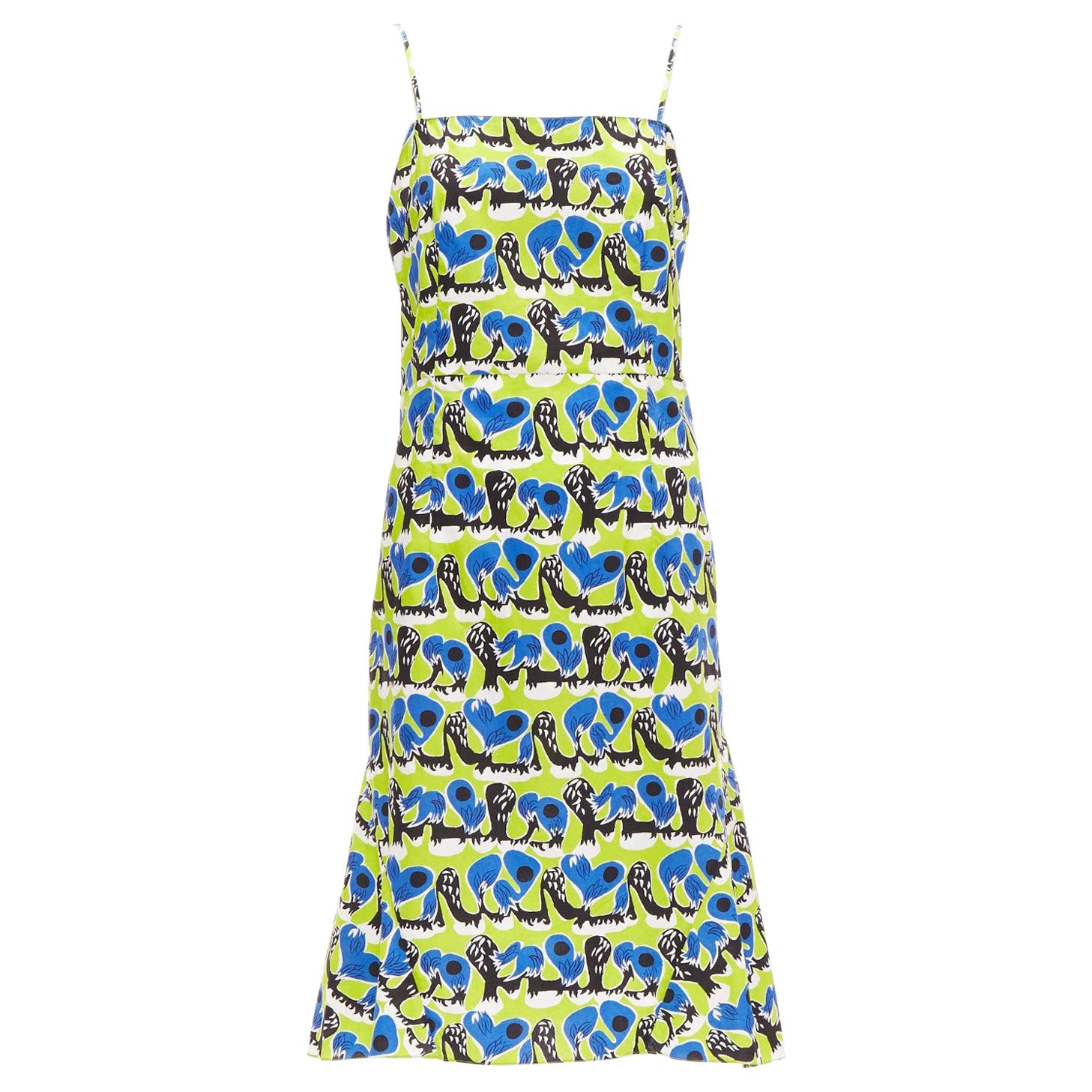 MARNI green blue geometric print cotton kick flared summer dress IT42 M For Sale