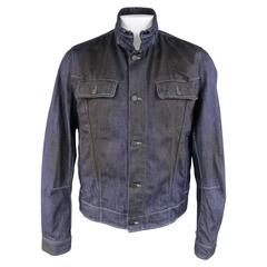 Men's BOTTEGA VENETA 44 Indigo Black Coated Denim High Collar Trucker Jacket 4