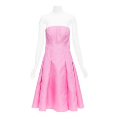 J MENDEL vestido sin tirantes de lana de seda rosa picante con pinzas, ajustado y acampanado US4 S
