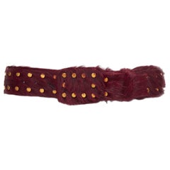 PRADA burgundy genuine fur gold flat studs buckled belt 80cm
