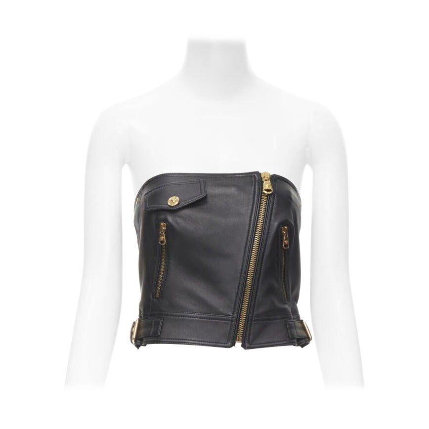 VERSACE Runway black leather gold-tone Medusa biker bustier top IT38 XS For Sale