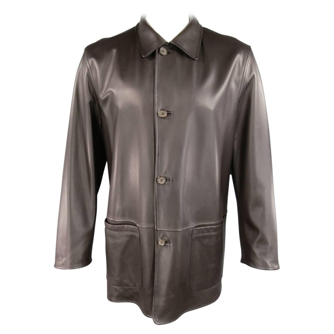 Men's ERMENEGILDO ZEGNA 42 Brown Leather & Black Polyester Blend Reversible Coat