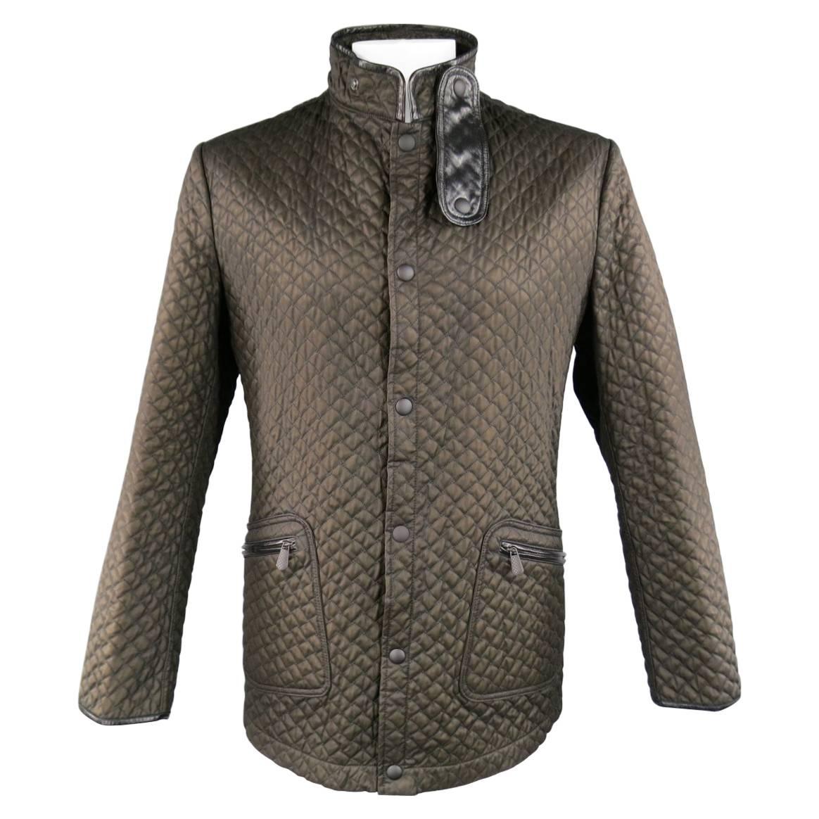 BOTTEGA VENETA 44 Olive Brown Quilted Nylon Leather Piping High Collar Jacket