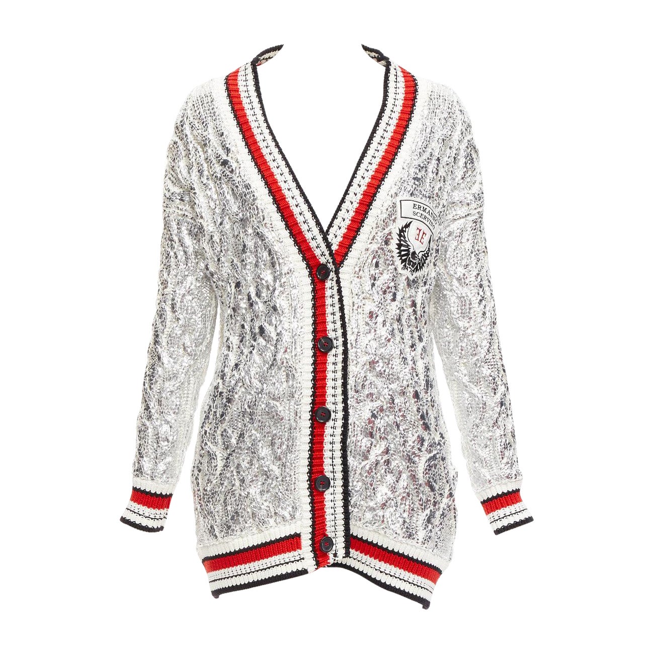 ERMANNO SCERVINO Over Sweatshirt silver foil laminate cotton cable knit cardigan