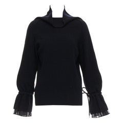 SACAI 2017 black wool blend navy trim ruffle cuff turtleneck top JP1 S