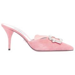 PRADA pink crystal buckle suede leather mule pump EU39