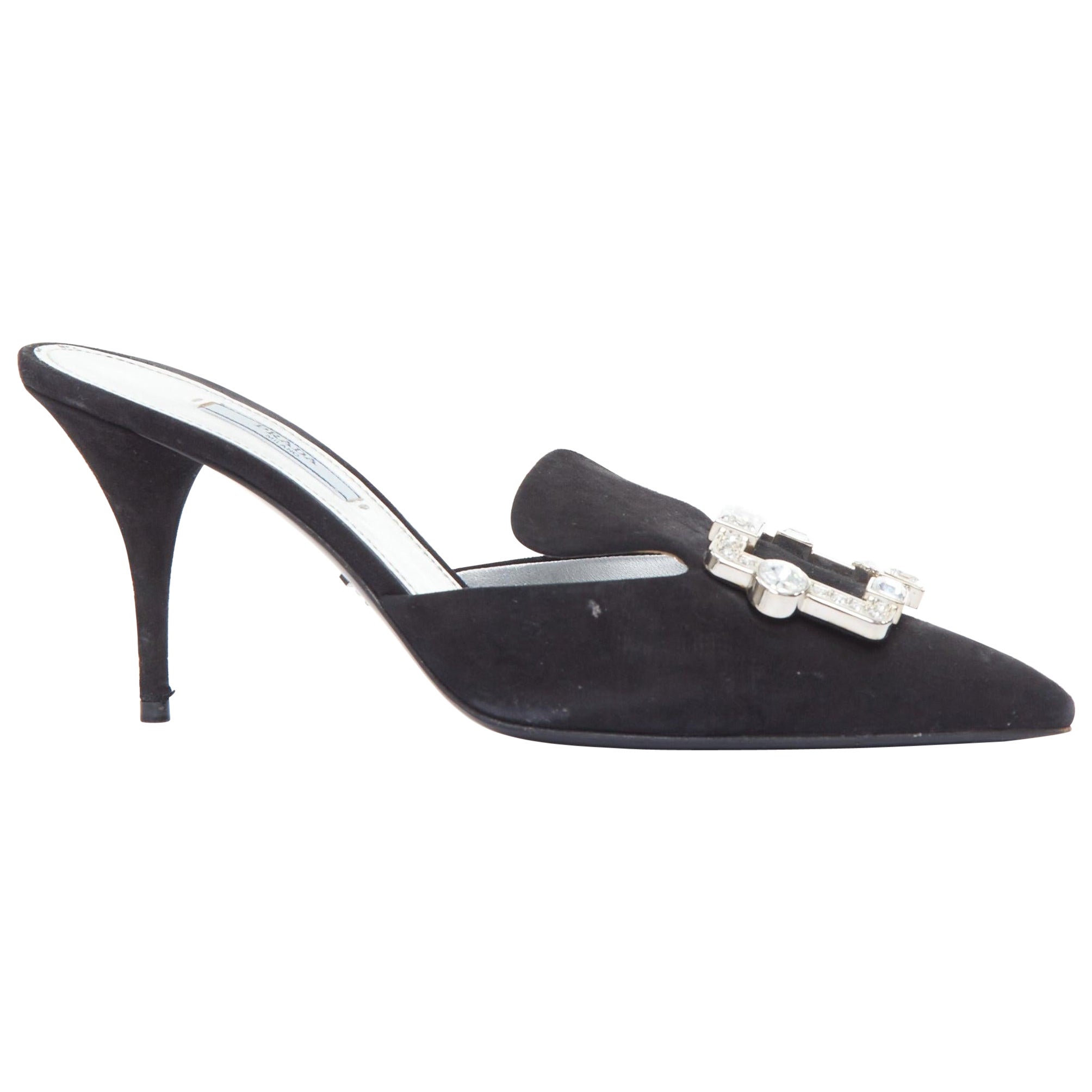 PRADA mules en cuir velouté avec boucle rectangulaire en cristal noir EU39 en vente