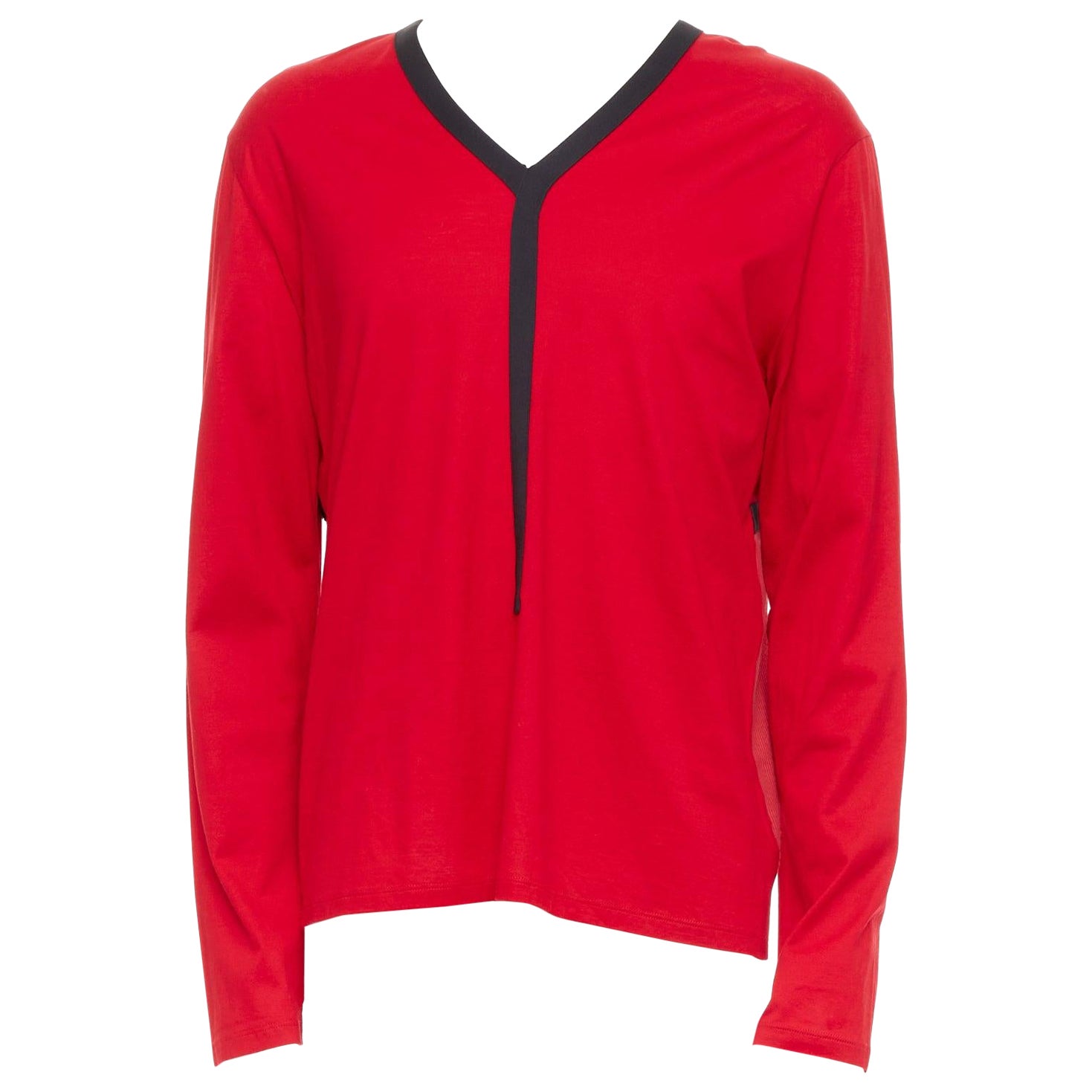 BALENCIAGA 2012 red cotton blend black trim V-neck long sleeve top XL For Sale