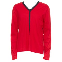 BALENCIAGA 2012 Rotes Oberteil aus Baumwollmischung mit schwarzem V-Ausschnitt und langen Ärmeln XL