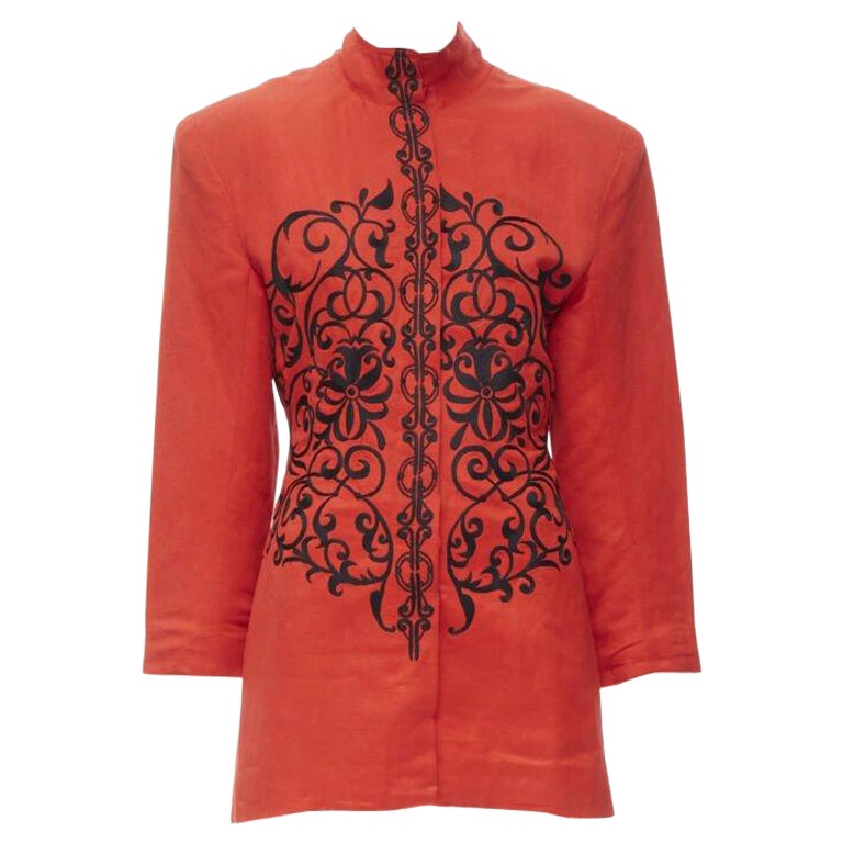 GIANFRANCO FERRE Vintage rojo negro bordado floral chaqueta cuello alto M