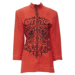 GIANFRANCO FERRE Vintage red black floral embroidery stand collar jacket M