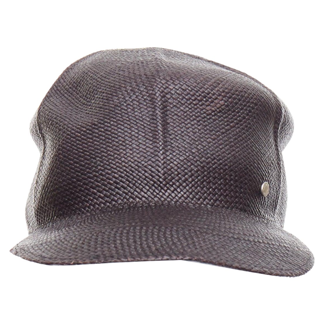 HERMES Riley Panama black straw small silver logo cotton lined cap hat 57cm For Sale