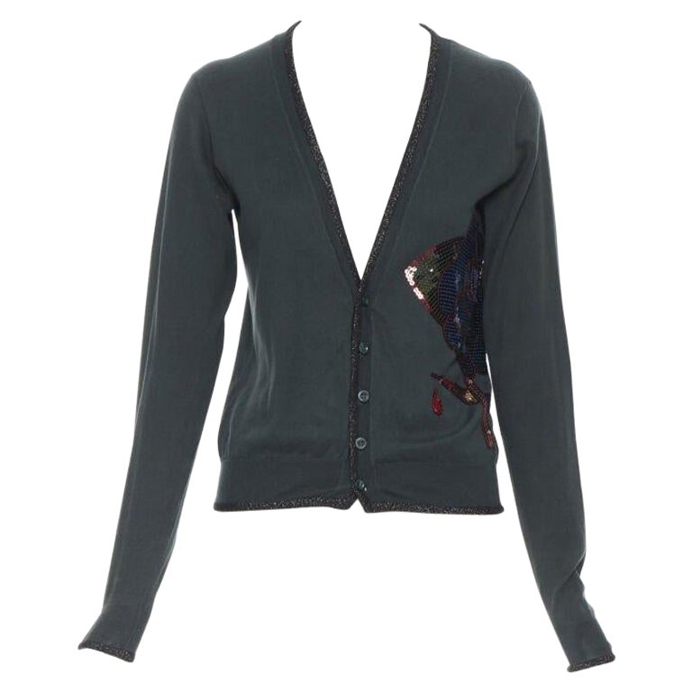 UNDERCOVER dark green cotton sequins floral patch lurex trimmed cardigan JP1 S For Sale