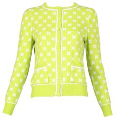 Vintage Courreges Lime Green Knit Cardigan Sweater W/White "X" Pattern 5