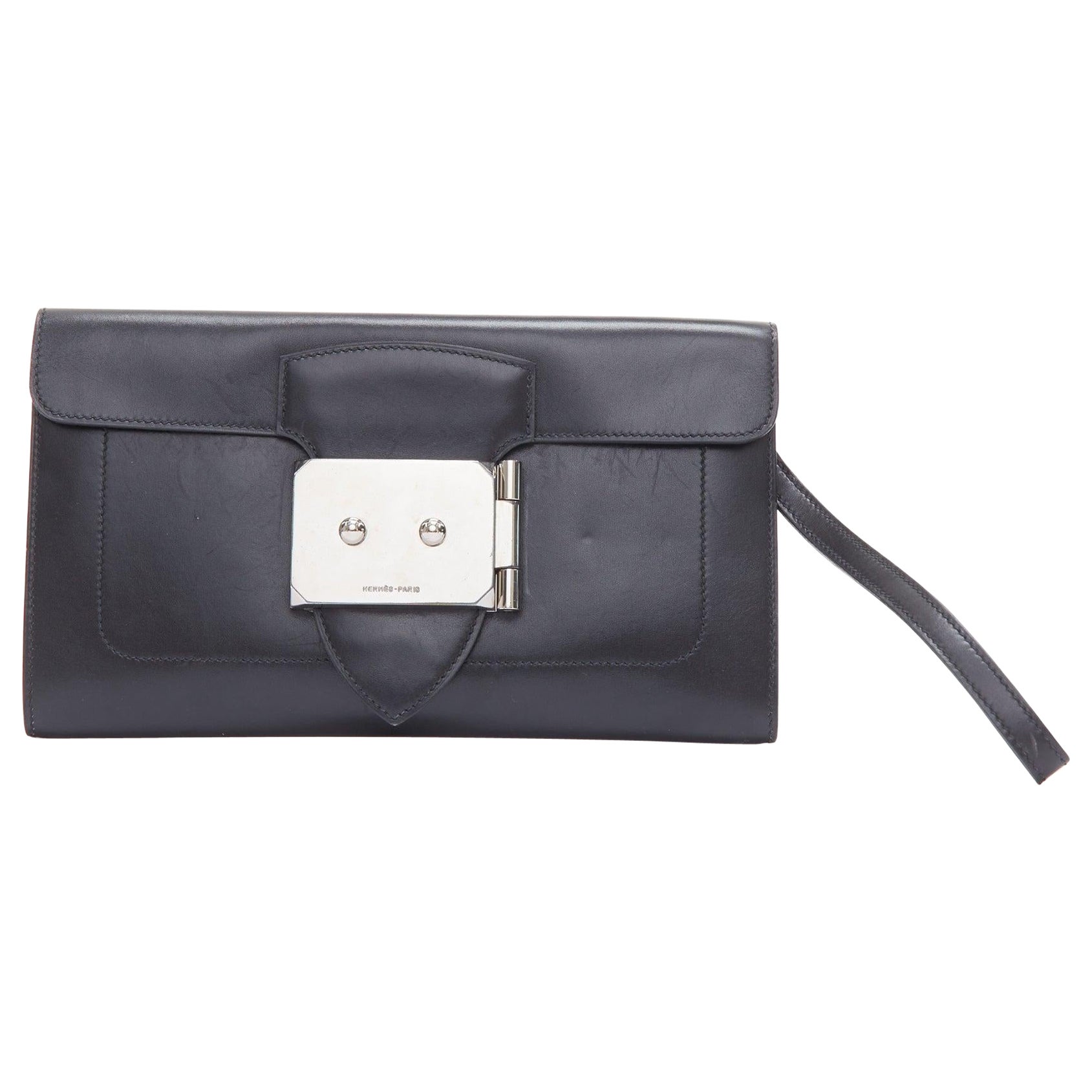 HERMES Goodlock black box leather silver hardware wristlet clutch bag For Sale