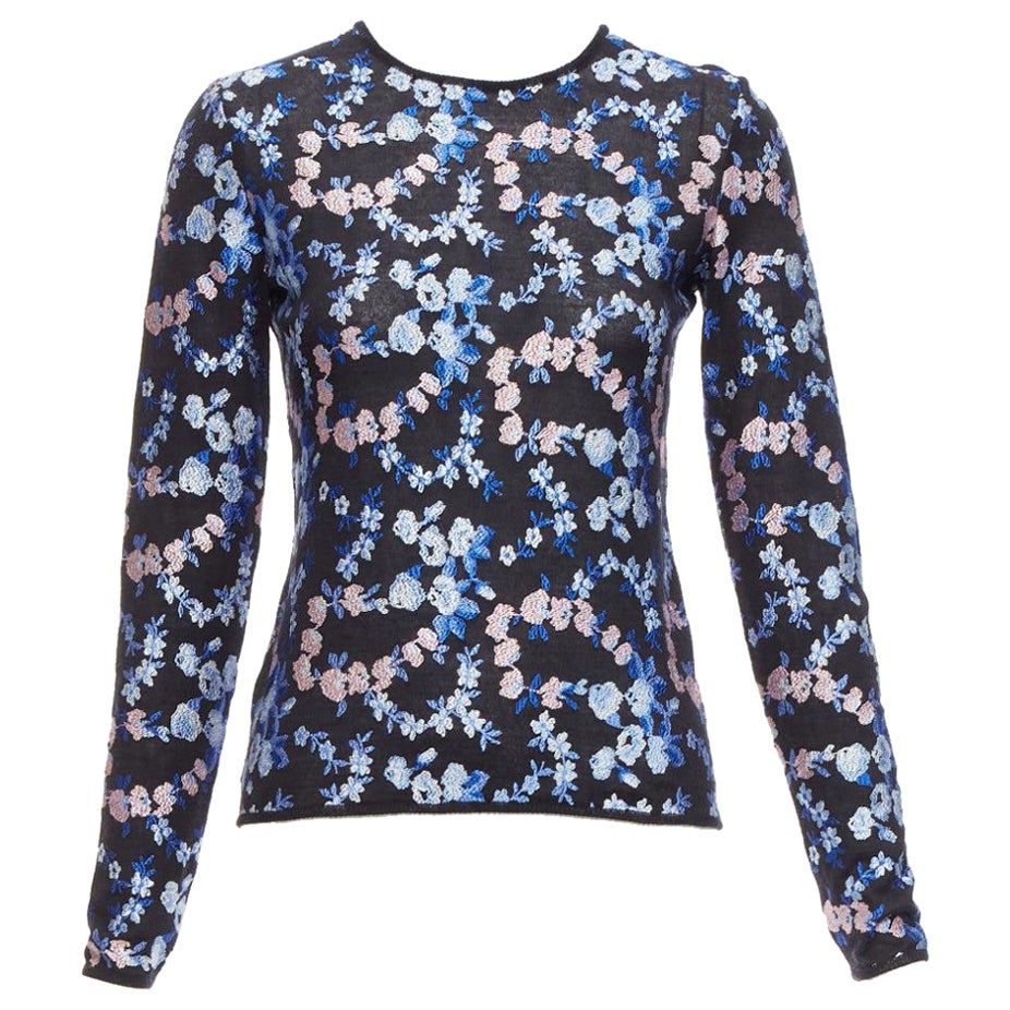 GIAMBATTISTA VALLI black cashmere silk blue pink flower embroidery top IT38 XS For Sale