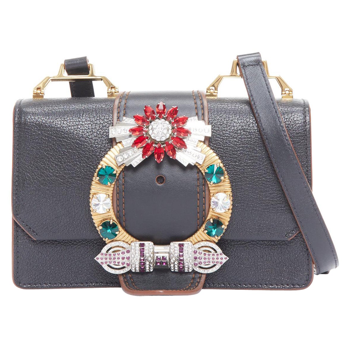 MIU MIU Lady black leather colorful rhinestone buckle flap crossbody bag For Sale