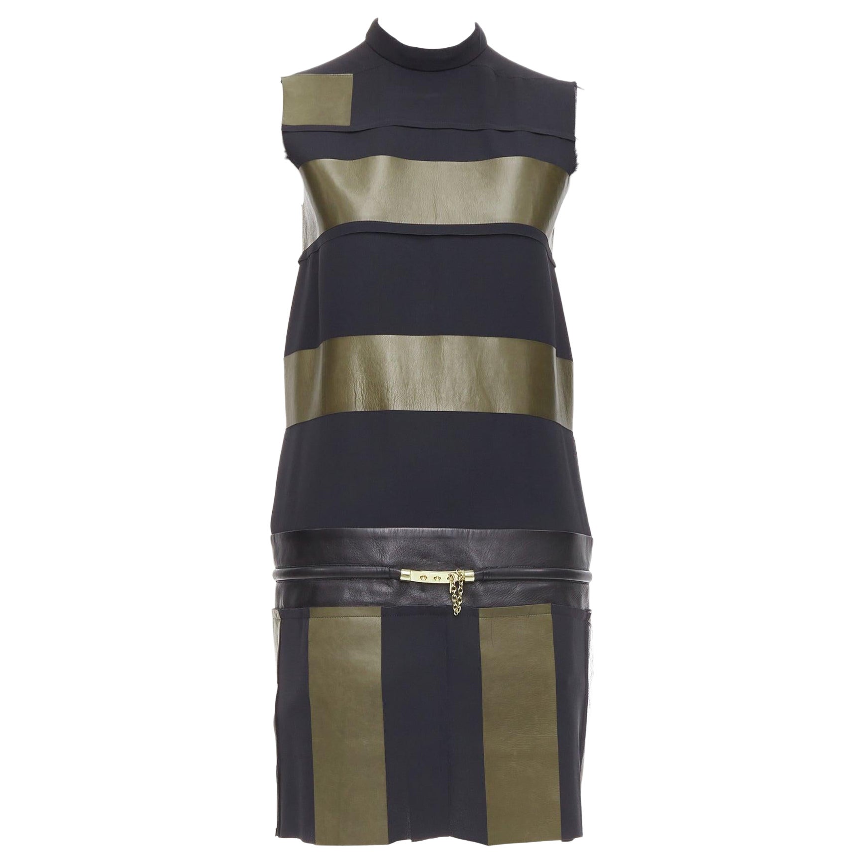 OLD CELINE Phoebe Philo khaki black leather silk stripe dress FR36 S For Sale