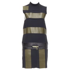 OLD CELINE Phoebe Philo khaki black leather silk stripe dress FR36 S