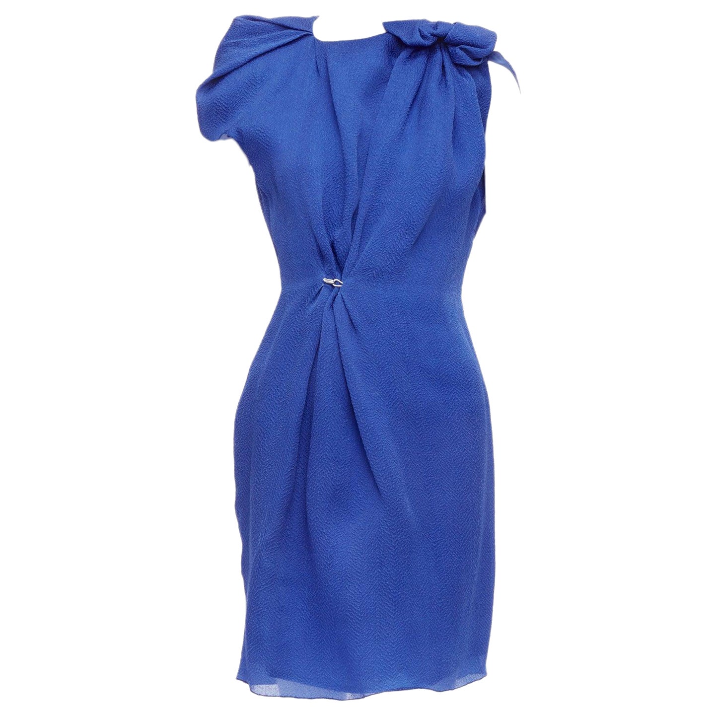 LANVIN 2009 100% Seide blau asymmetrische Schleife Knoten Haken drapieren Kleid FR36 S im Angebot