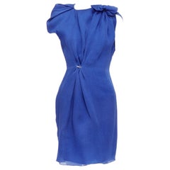 LANVIN 2009 100% silk blue asymmetric bow knot hook drape dress FR36 S