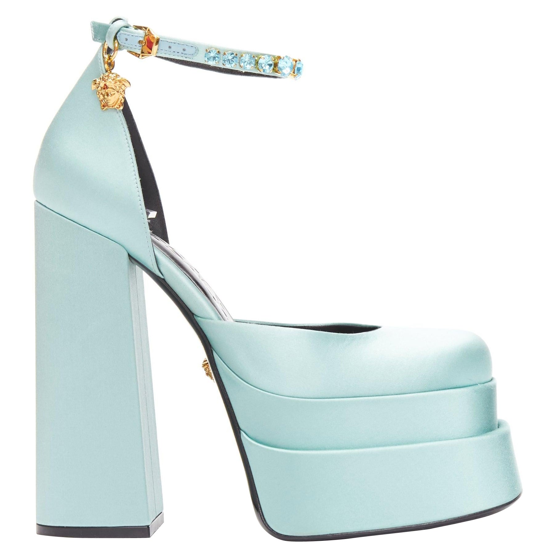 VERSACE Medusa Aevitas sky blue satin Medusa charm platform heels 37.5