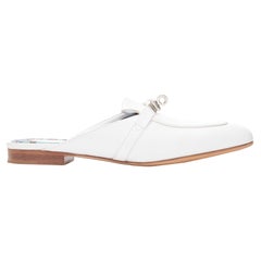 HERMES Oz white leather silver kelly buckle slip on loafer slippers EU37.5
